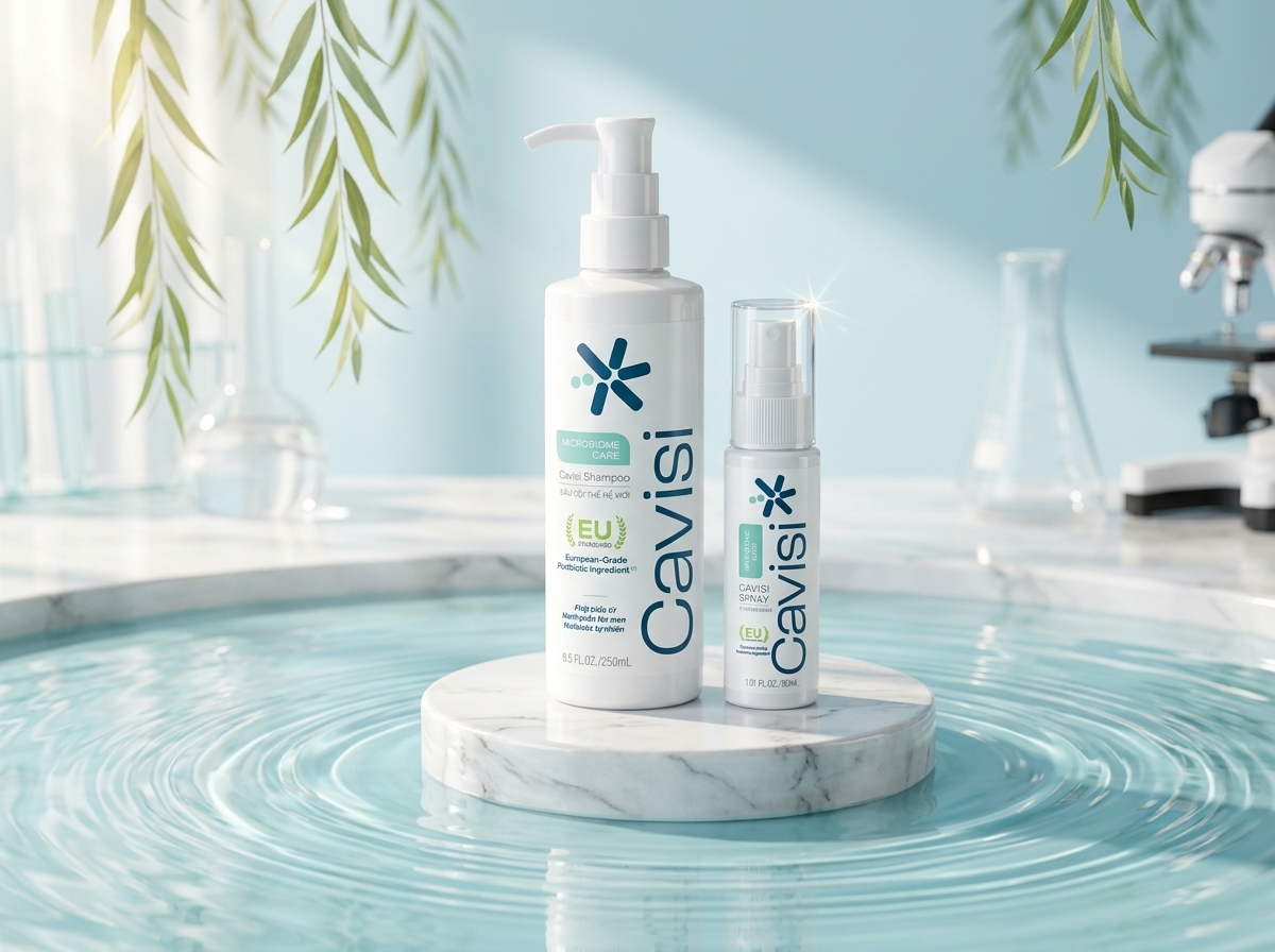 Bộ đôi Cavisi Shampoo và Spray trên bệ đá cẩm thạch và làn nước thanh khiết
