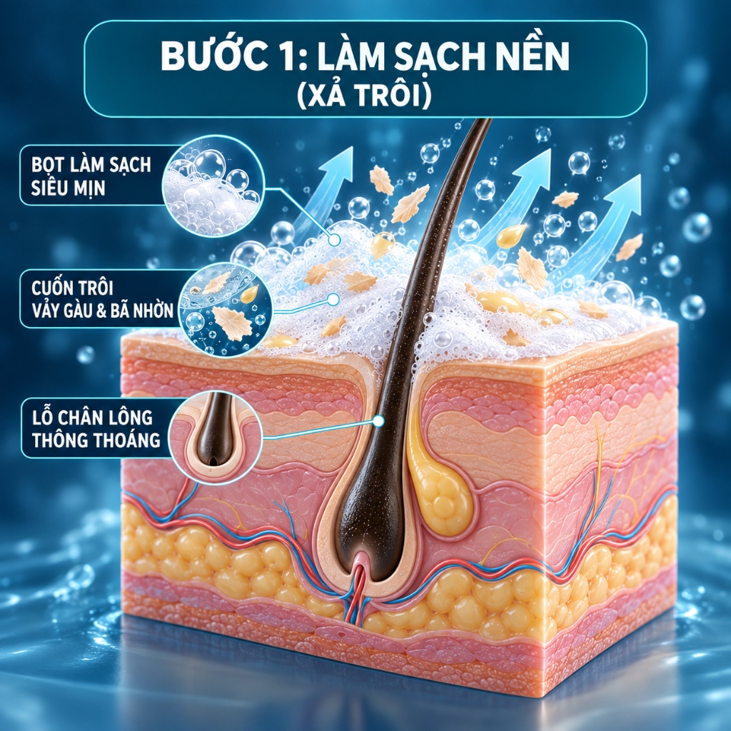 Sơ đồ 3D Bước 1: Làm sạch nền (Xả trôi)