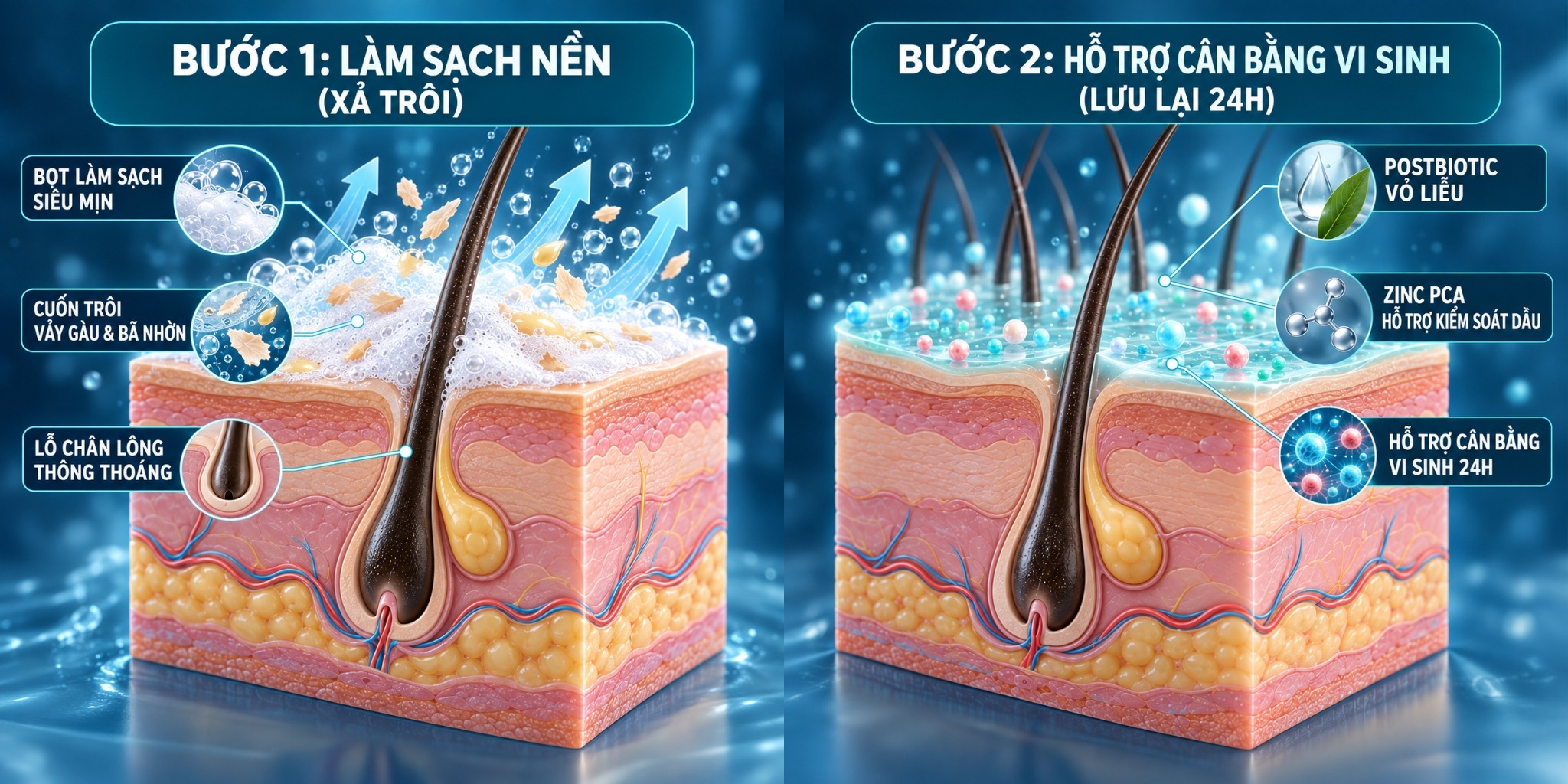 Sơ đồ 3D y khoa cơ chế 2 bước: Bước 1 Làm sạch nền (Xả trôi) và Bước 2 Cân bằng vi sinh (Lưu lại 24h)