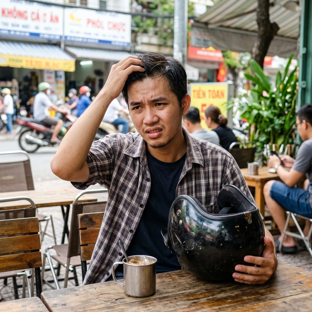 Người Việt đội mũ bảo hiểm mồ hôi bết tóc