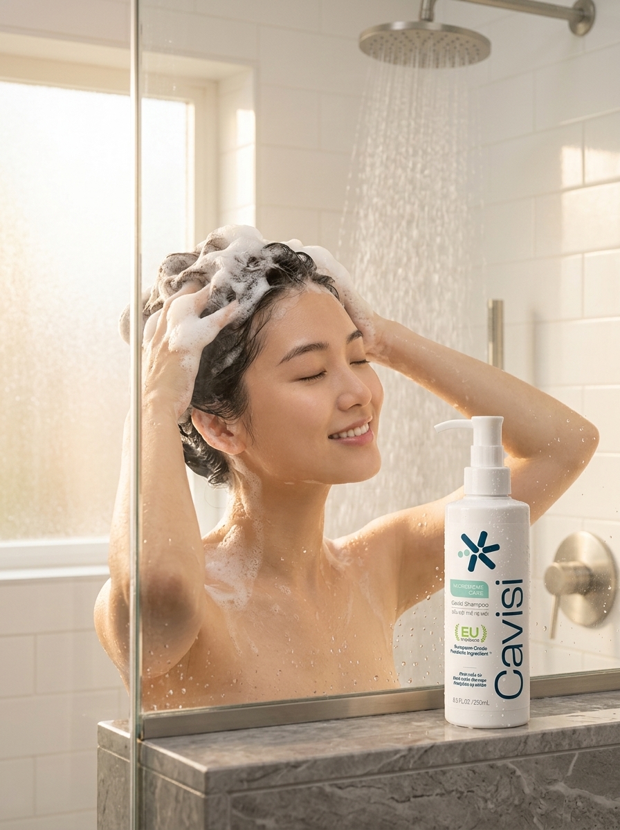 Người mẫu tạo bọt vi sinh dịu lành trong phòng tắm kính