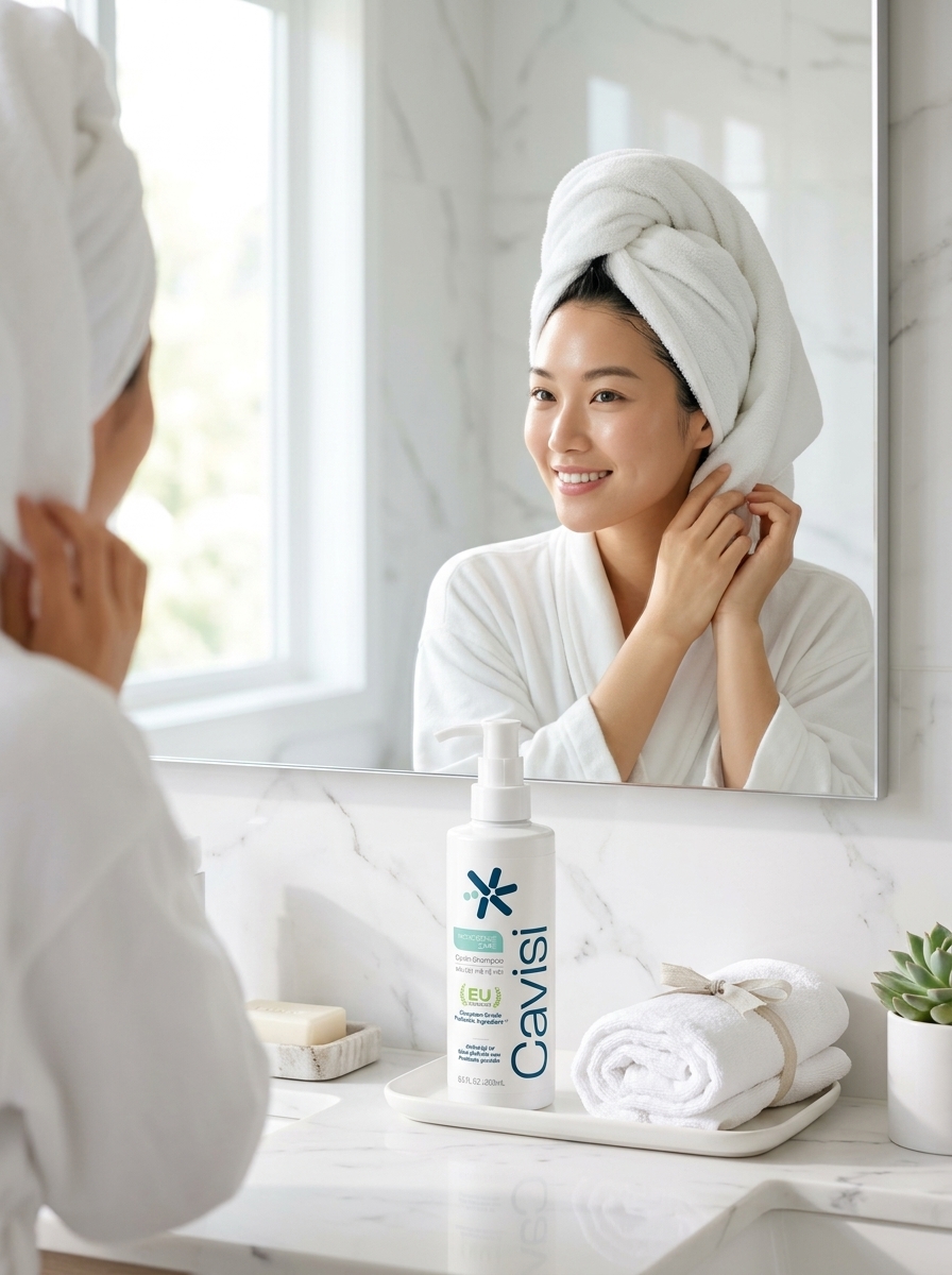 Người mẫu quấn khăn tắm cotton trắng vuốt nhẹ mái tóc sạch thoáng