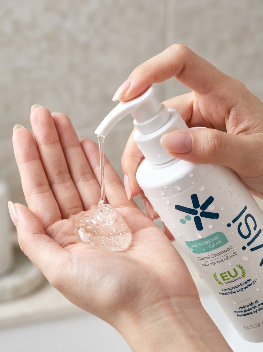 Cận cảnh nhấn vòi pump chai Cavisi Shampoo giọt gel trong suốt chảy trên tay